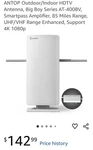 Antop AT-400BV Amplified Outdoor Indoor Hdtv Antenna. Fixed Price $70.00.